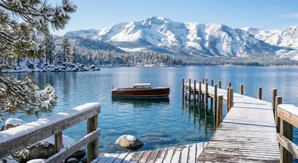 Snow on a dock and the peaks around Lake Tahoe